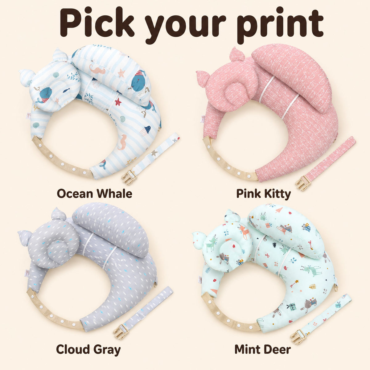 Pick your print: Ocean Whale, Pink Kitty, Cloud Gray, Mint Deer