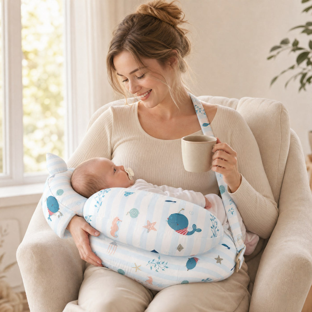 Mother feeding hands-free with the LatchBee pillow